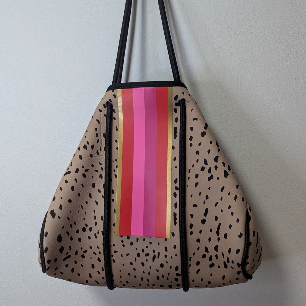 Taylor Grey Michelle Neoprene Tote, Leopard Print With Pink,Red, &Gold Stripes